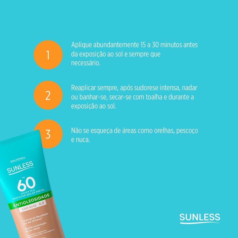 Protetor Solar Facial SUNLESS 40g FPS 60 com Base 4.0 Média – Protetor Solar com Cor, Alta Proteção e Cobertura Natural