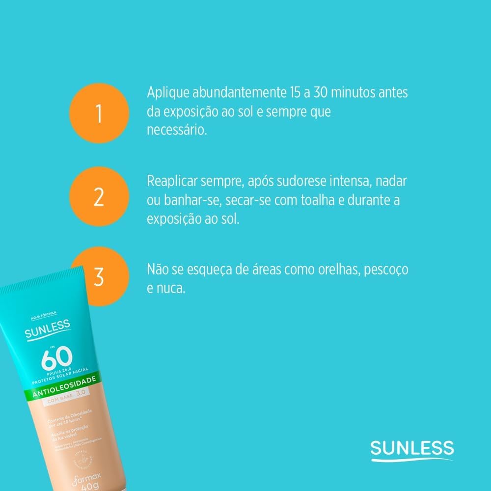Protetor Solar Facial SUNLESS 40g FPS 60 com Base 3.0 Clara – Protetor Solar com Cor, Alta Proteção, Uniformização e Acabamento Natural