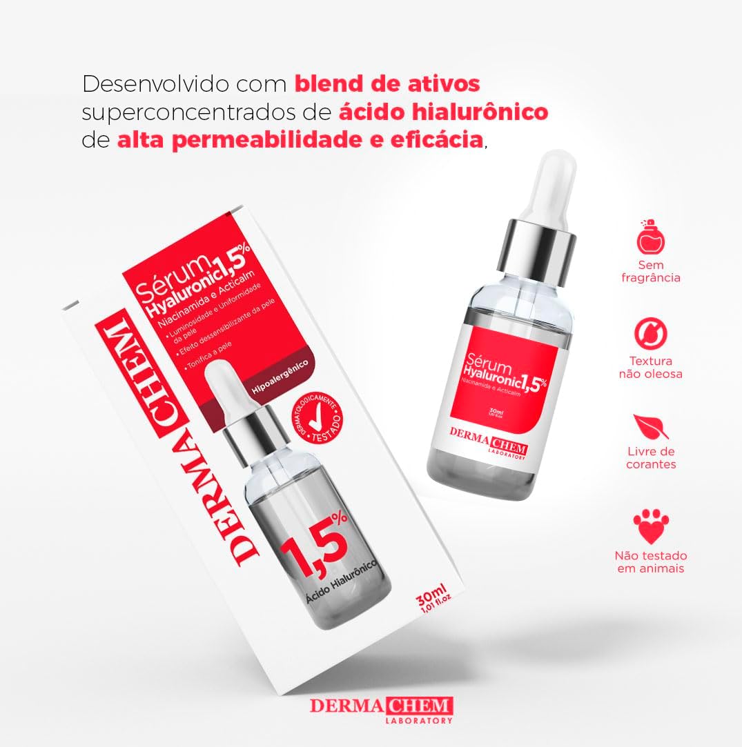 Sérum Facial DERMACHEM 30ml Hialurônico – Sérum com Ácido Hialurônico para o Rosto, Hidratação e Cuidado da Pele