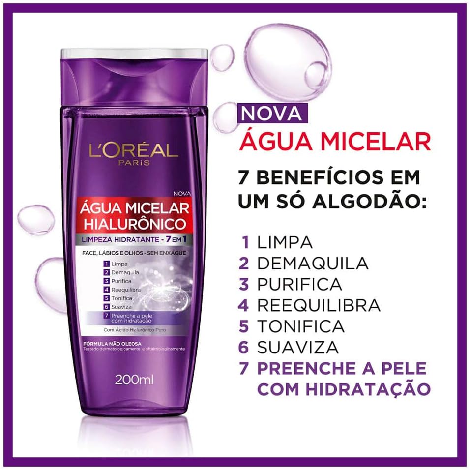 Água Micelar L’Oréal 200ml Hialurônico – Limpeza Facial, Remoção de Maquiagem, Hidratação e Cuidado Diário da Pele