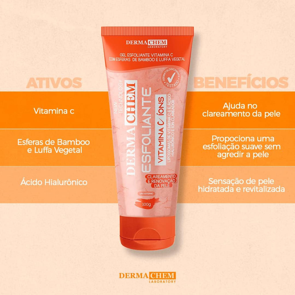 Gel Esfoliante Facial DERMACHEM 100g Vitamina C – Esfoliante para o Rosto, Limpeza, Renovação e Cuidado da Pele