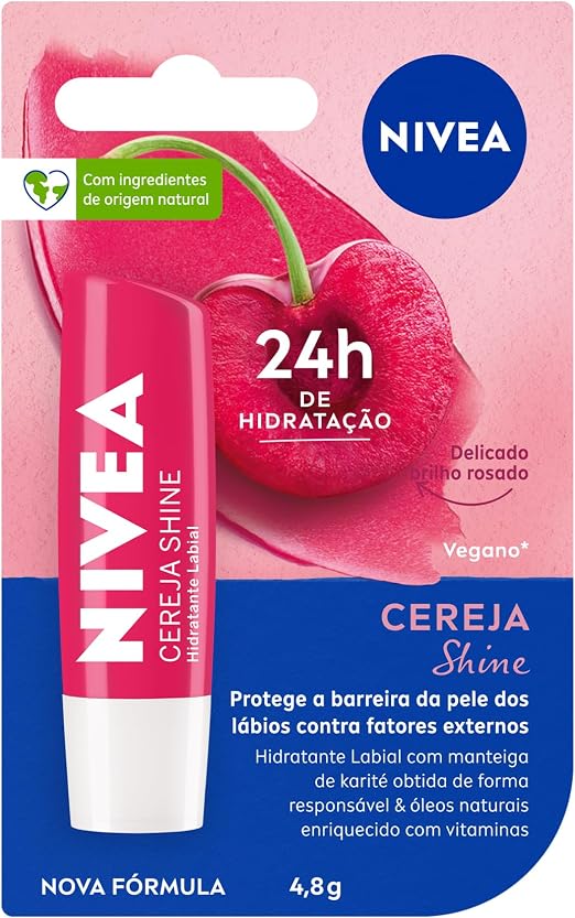 Protetor Labial NIVEA 4,8g Cereja Shine – Hidratante Labial com Brilho, Cor, Cuidado e Maciez para os Lábios