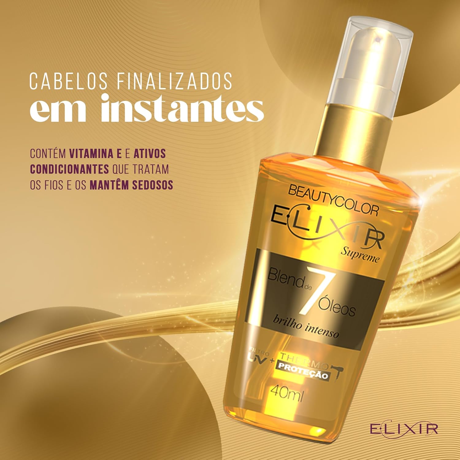 Óleo Capilar BEAUTY COLOR 40ml Elixir Blend 7 Óleos – Nutrição, Hidratação, Brilho, Maciez e Controle do Frizz