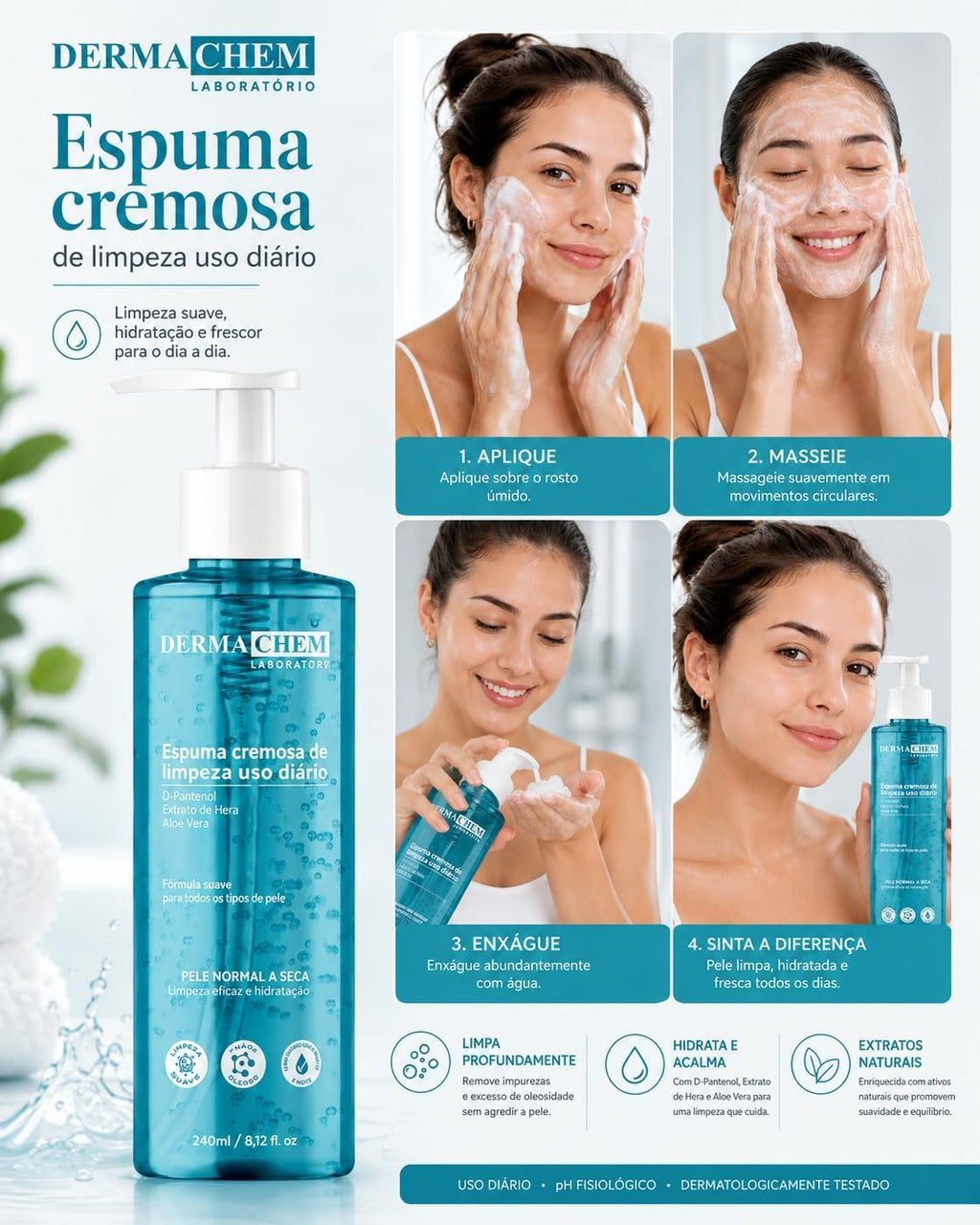 Espuma Facial DERMACHEM 240ml Limpeza – Higienizador Facial para o Rosto, Limpeza Profunda e Remoção de Impurezas
