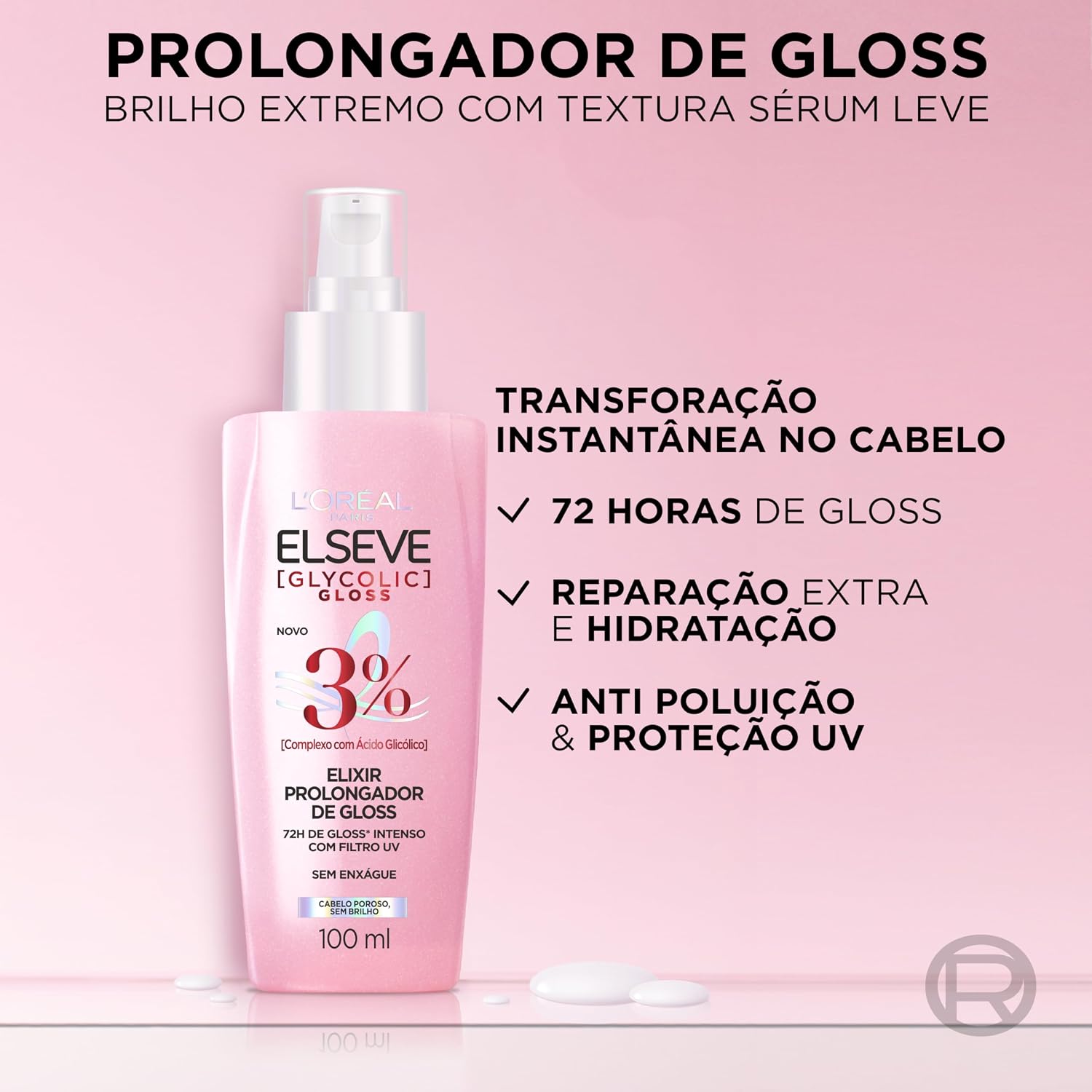 Sérum Capilar ELSEVE 100ml Glycolic Gloss – Tratamento, Brilho Intenso, Maciez, Alinhamento e Controle do Frizz