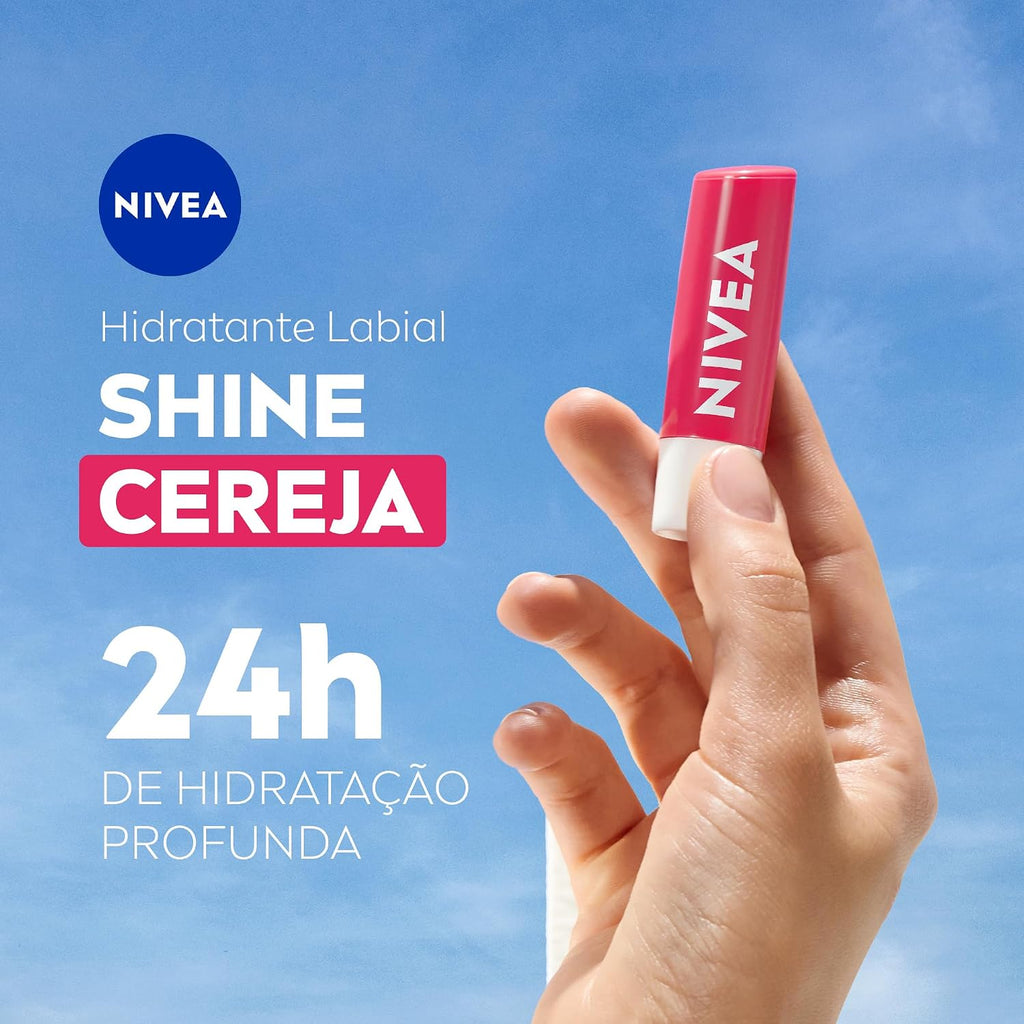 Protetor Labial NIVEA 4,8g Cereja Shine – Hidratante Labial com Brilho, Cor, Cuidado e Maciez para os Lábios