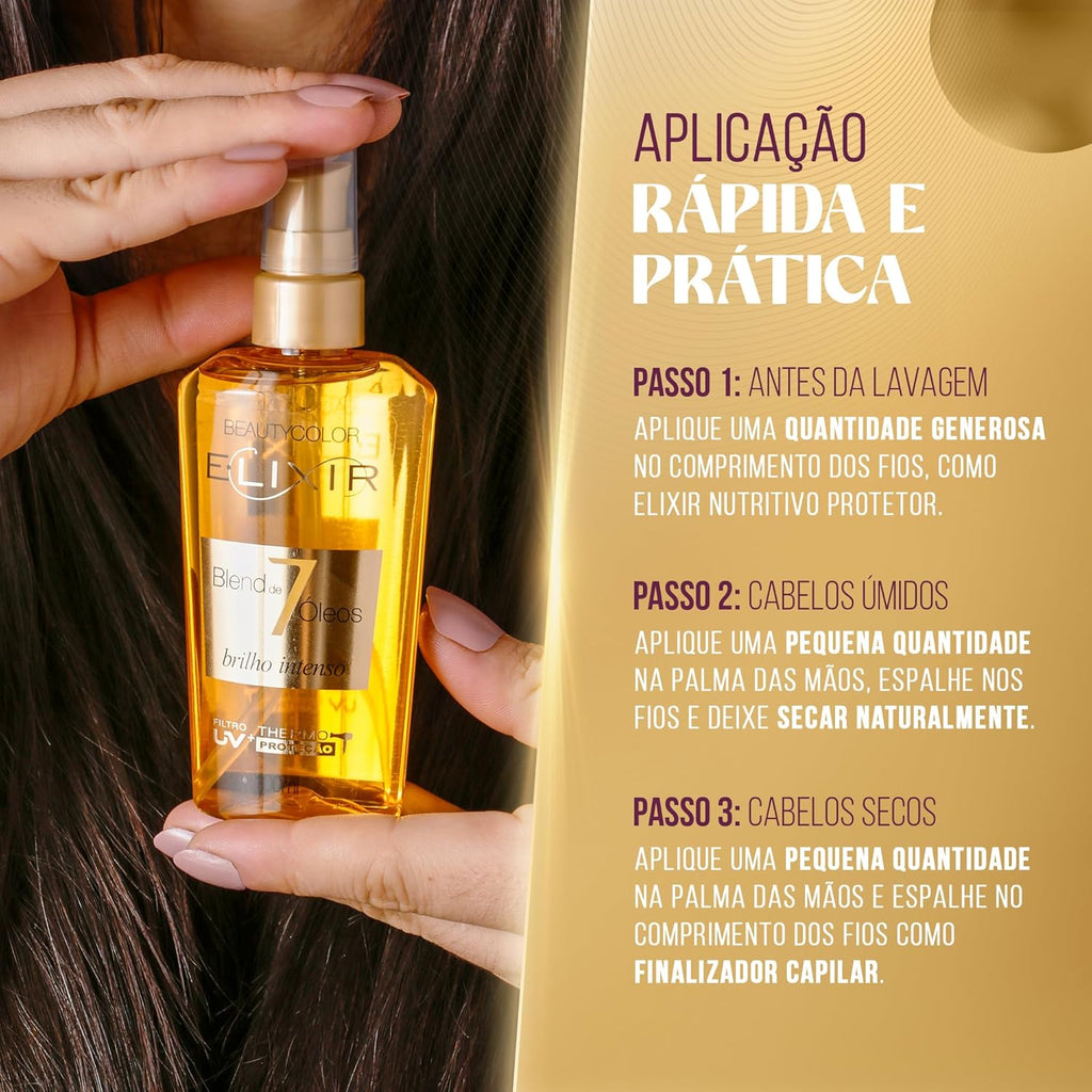 Óleo Capilar BEAUTY COLOR 40ml Elixir Blend 7 Óleos – Nutrição, Hidratação, Brilho, Maciez e Controle do Frizz