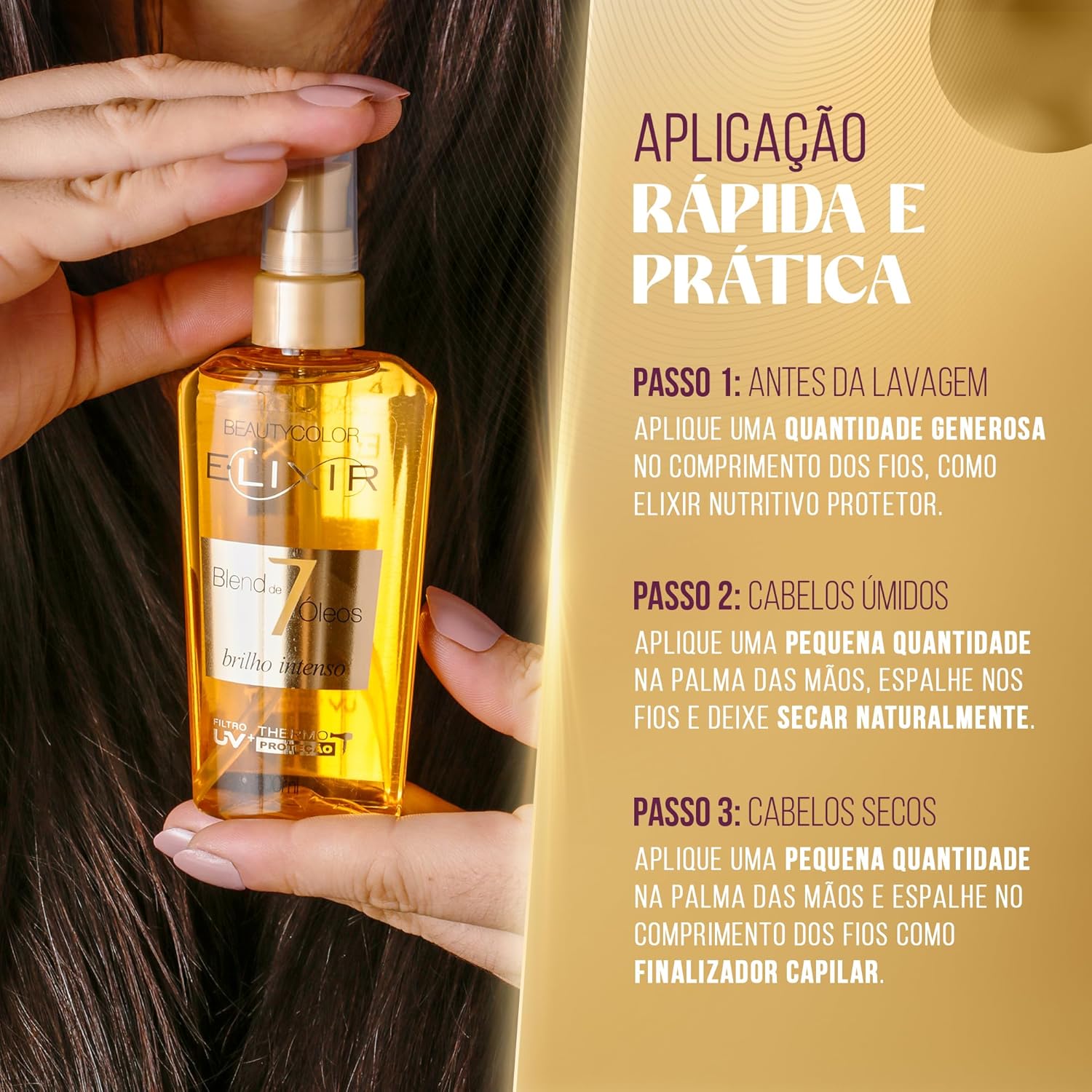 Óleo Capilar BEAUTY COLOR 40ml Elixir Blend 7 Óleos – Nutrição, Hidratação, Brilho, Maciez e Controle do Frizz