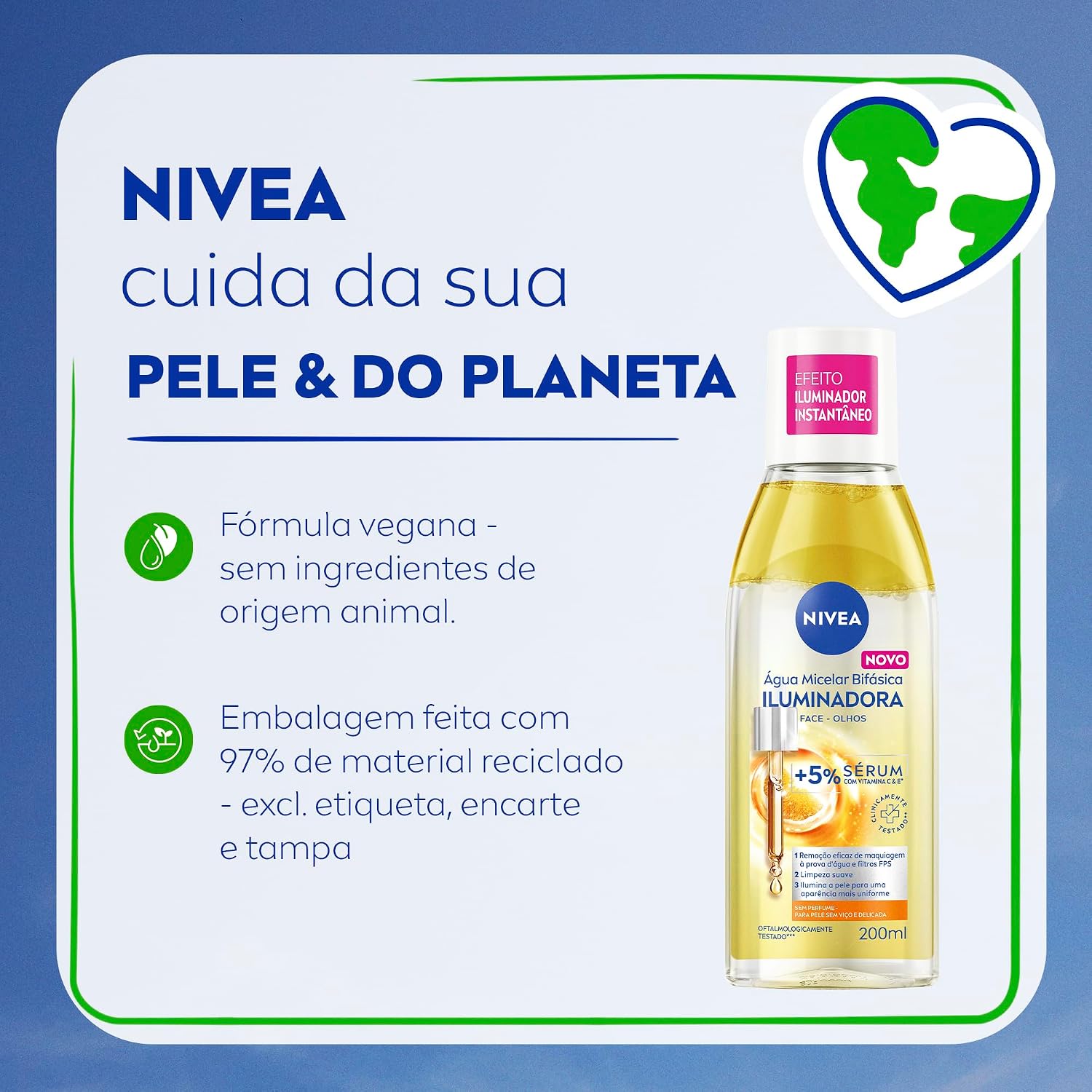 Água Micelar NIVEA 200ml Iluminadora – Limpeza Facial, Remoção de Maquiagem, Luminosidade e Cuidado Diário da Pele
