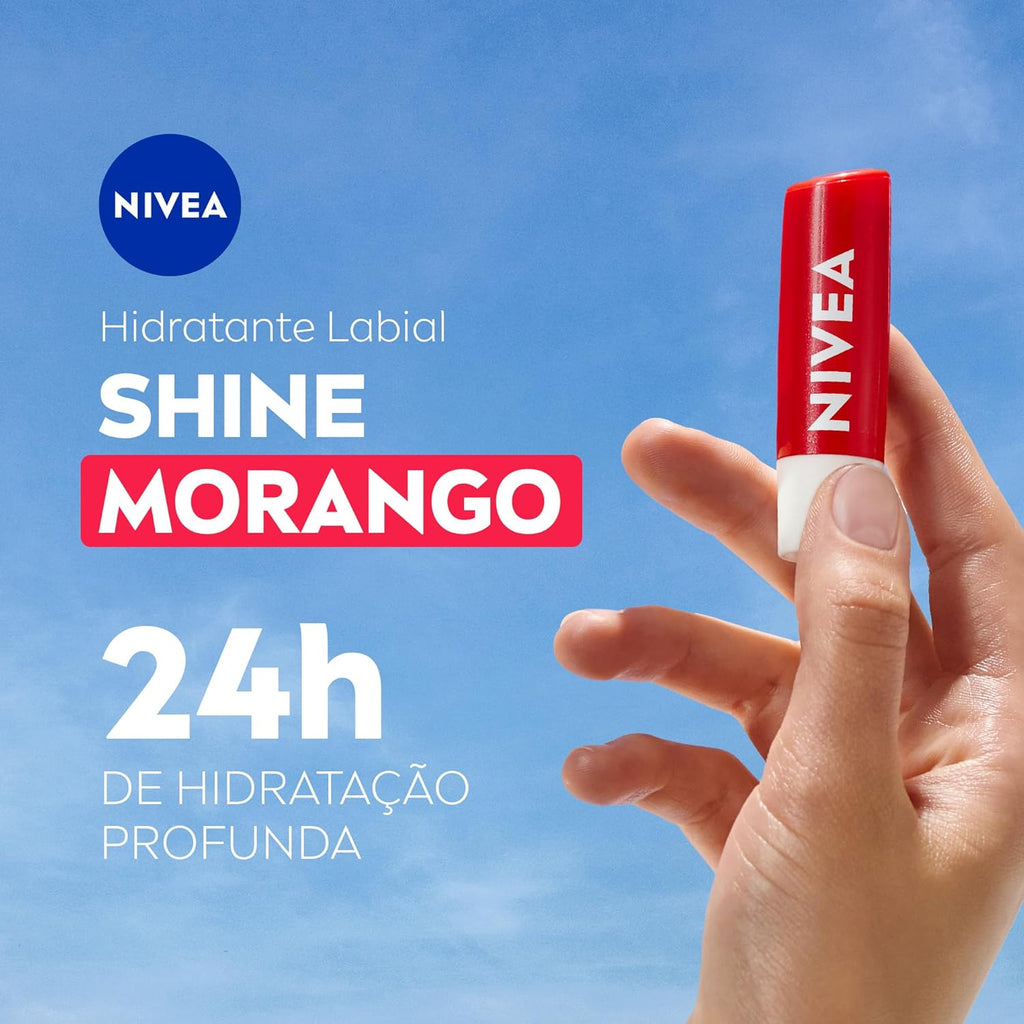 Protetor Labial NIVEA 4,8g Morango Shine – Hidratante Labial com Brilho, Cuidado e Maciez para os Lábios
