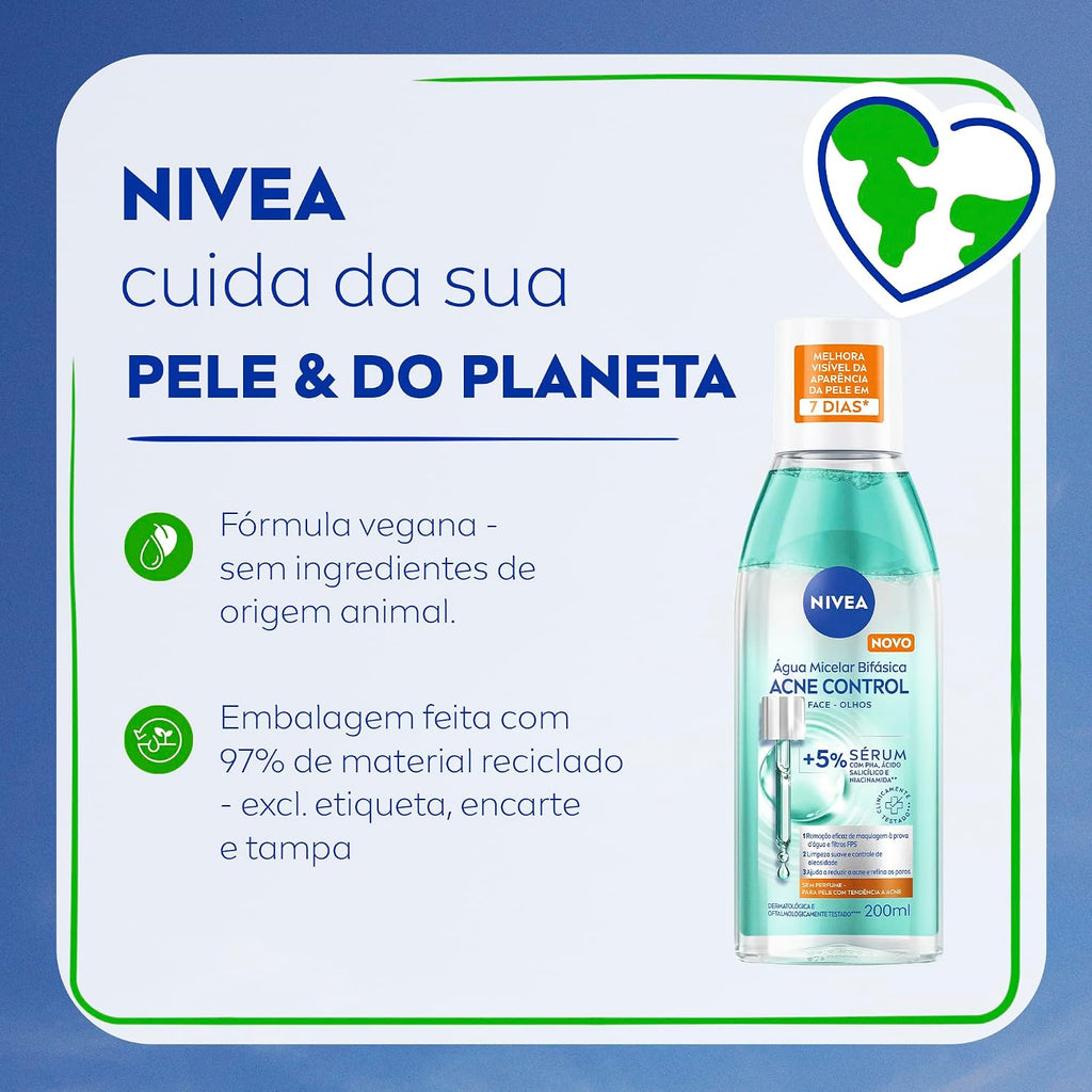 Água Micelar NIVEA 200ml Acne Control – Limpeza Facial, Controle da Oleosidade, Remoção de Maquiagem e Cuidado Antiacne