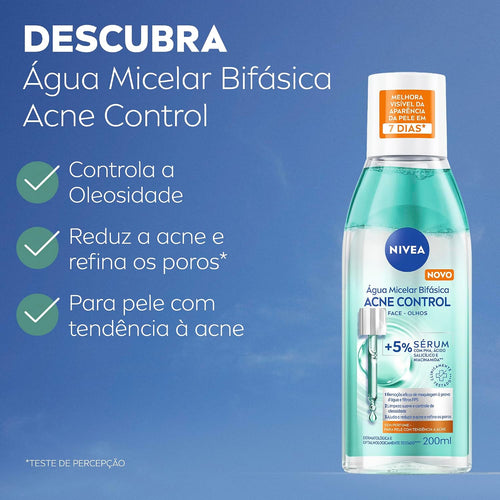 Água Micelar NIVEA 200ml Acne Control – Limpeza Facial, Controle da Oleosidade, Remoção de Maquiagem e Cuidado Antiacne