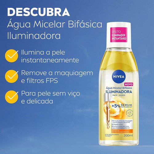 Água Micelar NIVEA 200ml Iluminadora – Limpeza Facial, Remoção de Maquiagem, Luminosidade e Cuidado Diário da Pele