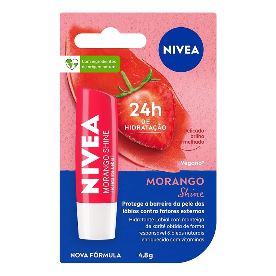 Protetor Labial NIVEA 4,8g Morango Shine – Hidratante Labial com Brilho, Cuidado e Maciez para os Lábios