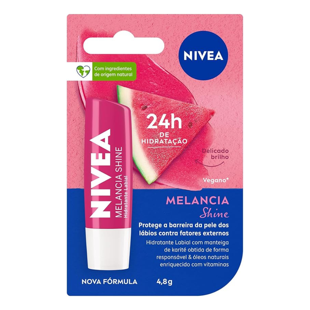 Protetor Labial NIVEA 4,8g Melancia Shine – Hidratante Labial com Brilho, Cuidado, Maciez e Aroma de Melancia para os Lábios