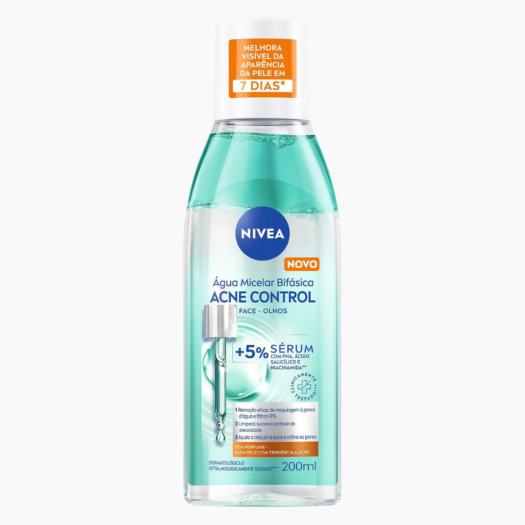 Água Micelar NIVEA 200ml Acne Control – Limpeza Facial, Controle da Oleosidade, Remoção de Maquiagem e Cuidado Antiacne